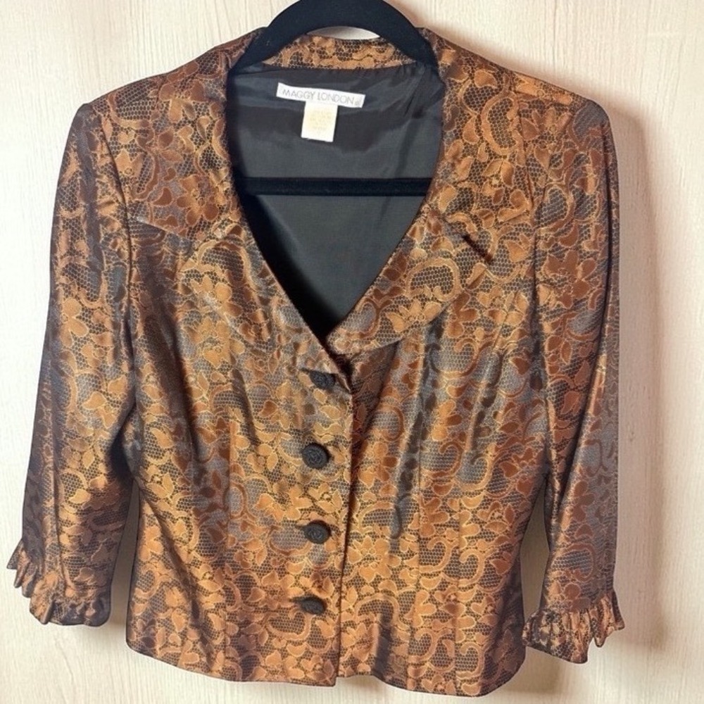 Maggy London Vintage Metallic Copper Floral Lace Ruffle Blazer Jacket Size 8